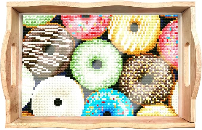 DIY Art Painting Wooden Tray Kit, Food Tray with Handle Diamond Painted Table Decoration Tray, for Breakfast, Bar Dinner Table Diamond Dots Gem Painting Art Set for Beginners (#32-Doughnut)