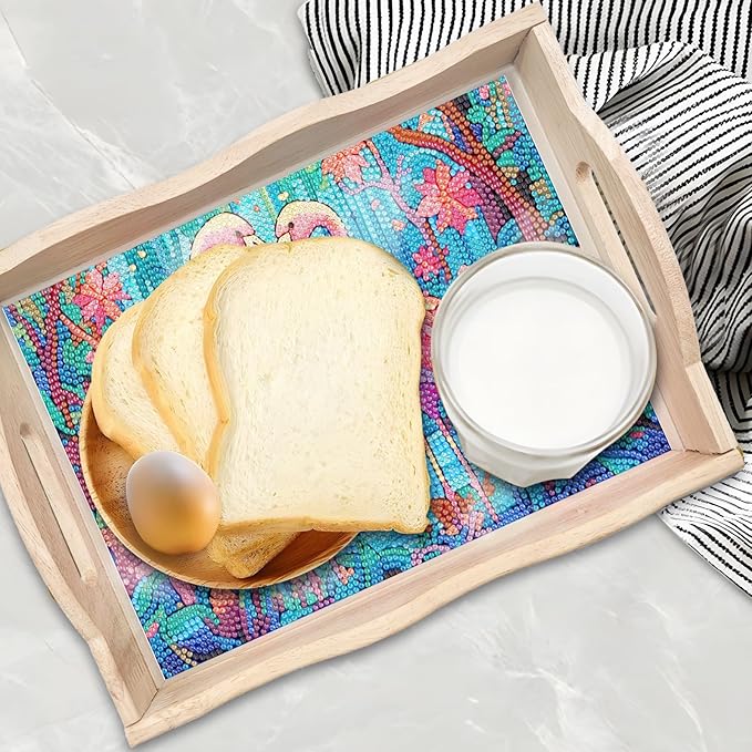 DIY Diamond Art Wooden Tray Kit With Handle, Food Tray for Breakfast, Bar Dinner Table Decoration, Diamond Dots Gem Painting Art Set for Beginners-#27-Flamingo