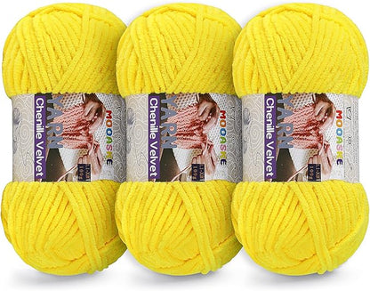 3 * 100g Chunky Yarn for Crocheting and Knitting - Easy to Use Plush Chenille Super Bulky Yarn 393yds - Ultra Soft Velvet Baby Blanket Yarn for Beginners & Amigurumi Projects, Vivid Yellow