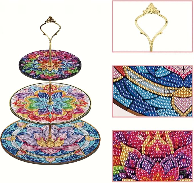 Three-Tier Diamond Painting Wooden Cake Stand DIY Sunflower Diamond Painting Cupcake Towel-Lined Tiered Tray Reusable Pastry Stand (Datura Flower)