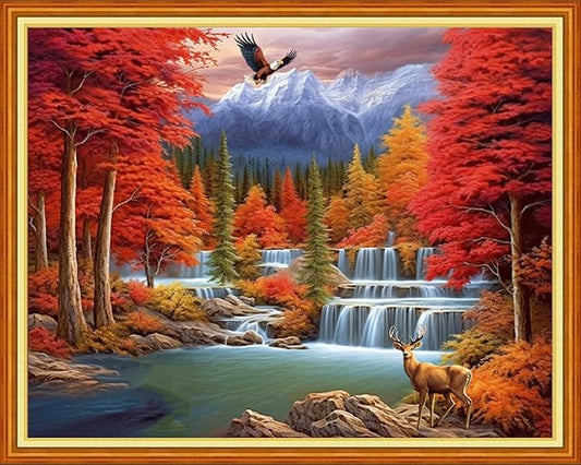 Foxhool Stamped Cross Stitch Kits,11CT Printed Cross Stitch Pattern Full Embroidery Kits for Beginner Needlepoint Kits-Golden Autumn Waterfall 16x20 inch