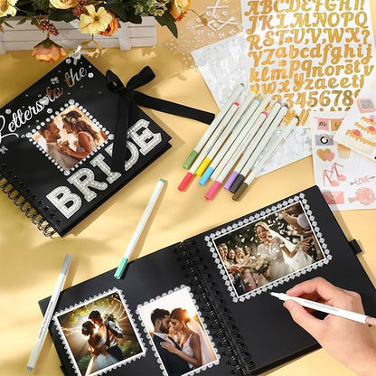Fullhawl Letters To The Bride Scrapbook 8x8 Inch Bride Memory Book DIY Wedding Photo Album with Stickers and Markers for Wedding Engagement Bridal Shower Gifts Party Supplies, 40 Sheets (Bridal,Black)
