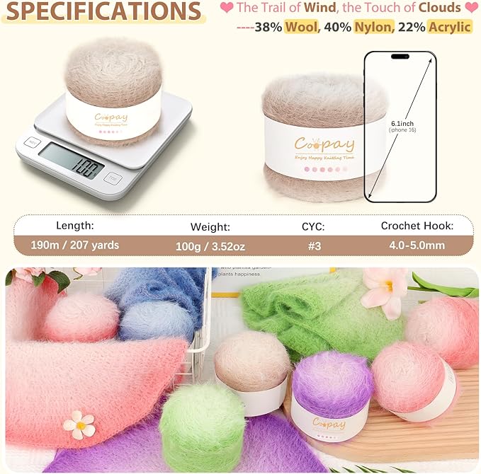 Coopay Ombre Yarn for Crocheting and Knitting - 4 Pack Dual Gradient Yarn Cake with Plush of 100g/3.52oz - 190m/207yds - 38% Wool, 40% Nylon, 22% Acrylic for Sweaters, Hats, Scarves (Mocha)