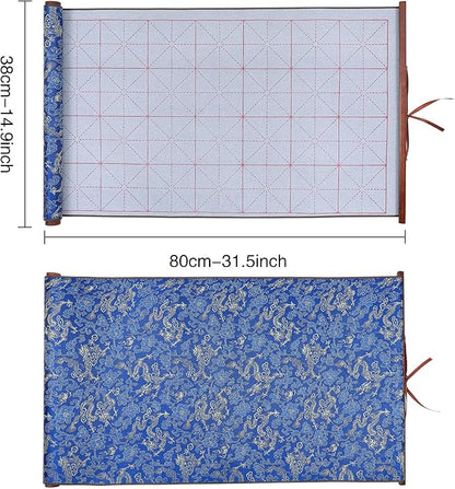 MEGREZ 4 Set No Ink Chinese Calligraphy Practice Set, Water Writing Cloth Calligraphy Comes with Magic Cloth, Brush Pen, Water Dish, Copy for Beginners, Blue