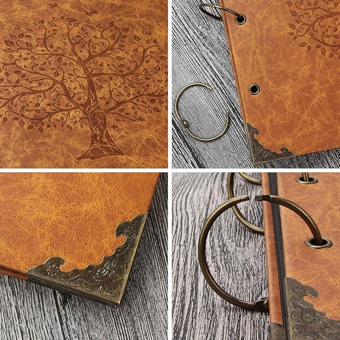 ADVcer Photo Album DIY Scrapbook 10x10 inch 50 Pages Double Sided, Vintage Leather Cover Three-Ring Binder Picture Booth + 408pcs Self Adhesive Photos Corners for Memory Keep (Family Tree Brown Sugar)