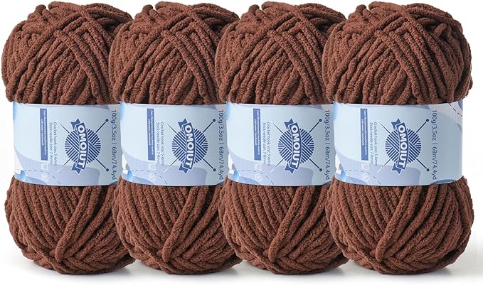 Chunky Chenille Yarn for Crocheting，Baby Yarn for Crocheting Soft Blankets，Bulky Yarns for Crochet Amigurumi，4×100g (4×74.3yds) Fluffy Velvet Yarns for Hand Knitting (4 Deep Coffee)