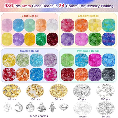 Funtopia Glass Beads for Bracelets 6mm, 1396pcs Bracelet Making Kit 34 Colors Glass Beads for Jewelry Making, Crystal Beads for Bracelets DIY Crafts with Spacer Beads and Charms