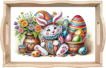 DoxQcs DIY Diamond Art Wooden Tray Kit Easter Food Tray with Handle Diamond Painted Table Decoration Tray for Breakfast Bar Dinner Table Diamond Art Painting for Beginners-#16-Easter Bunny Eggs