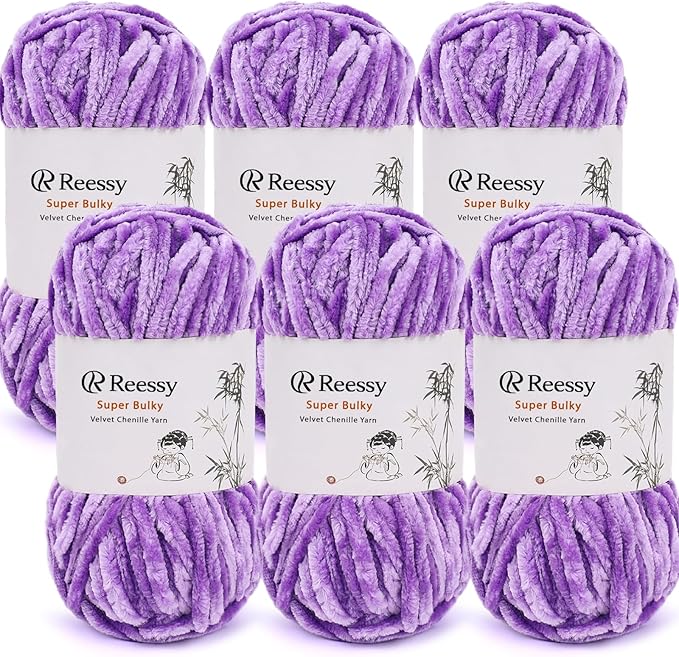 Velvet Chenille Yarn Pack – 6 Skeins × 100g Super Bulky (CYC #6) – Soft Velvet Chunky for Crocheting & Knitting, Fluffy Chenille Yarn for Blankets, Scarves & Crafts (Purple)