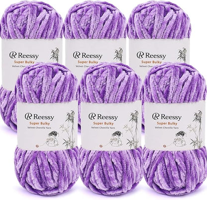 Velvet Chenille Yarn Pack – 6 Skeins × 100g Super Bulky (CYC #6) – Soft Velvet Chunky for Crocheting & Knitting, Fluffy Chenille Yarn for Blankets, Scarves & Crafts (Purple)