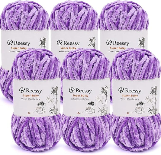 Velvet Chenille Yarn Pack – 6 Skeins × 100g Super Bulky (CYC #6) – Soft Velvet Chunky for Crocheting & Knitting, Fluffy Chenille Yarn for Blankets, Scarves & Crafts (Purple)