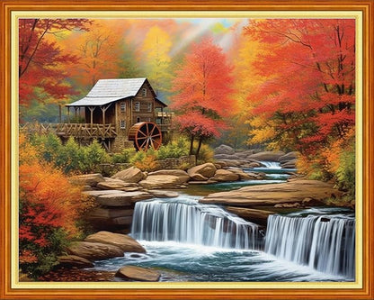 Redxing Stamped Cross Stitch Kits Embroidery kit for Beginners Adults Full Range of Embroidery Patterns Starter Kits DIY Printed Cross Stitch Kits Needlepoint Kits 11CT-Waterwheel Scenery 16x20 inch