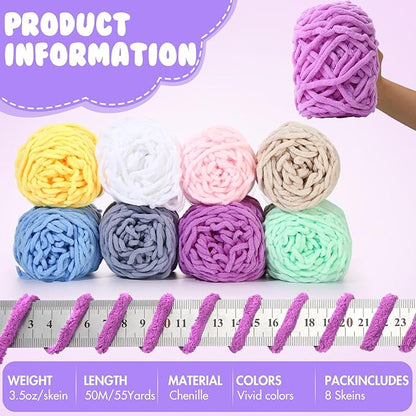 Buryeah 8 Pack Chunky Chenille Yarn for Crocheting Soft Thick Fluffy Yarn for Hand Knitting Bulky Velvet Blanket Plush for Weaving DIY Crafts Each 3.5 oz 55 Yards (Vivid Colors)