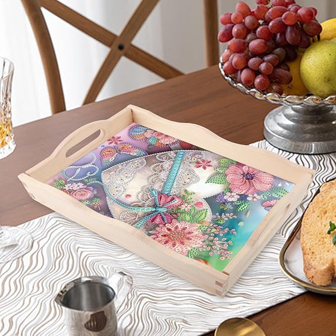 JZHYOAN Diamond DIY Painting Trays, Art Fruit Platters Cheese Platter Board Diamond Painting Table Home Decoration, Special Creative Design, Large Serving Platte for Adults-Flower