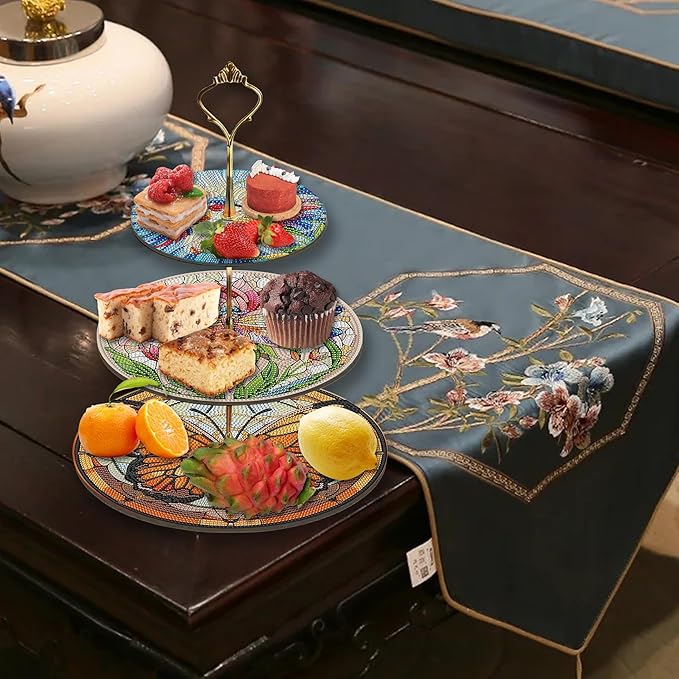 Three-Tier Diamond Painting Wooden Cake Stand DIY Sunflower Diamond Painting Cupcake Towel-Lined Tiered Tray Reusable Pastry Stand (Butterfly)