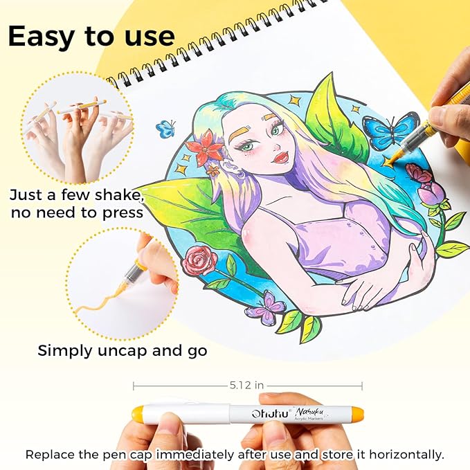 Ohuhu Acrylic Paint Markers Brush Tip: 24 Colors Automatic Ink Control Acrylic Markers High Opacity Paint Pens Waterproof Lightfast for Rock Painting 3D Prints Easter Eggs Wood DIY Crafts- Nahuku