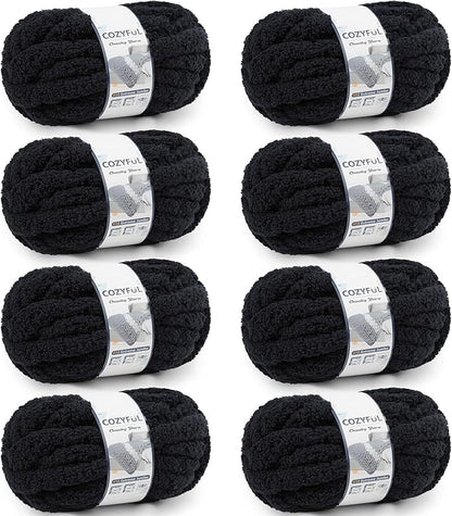 Chunky Yarn for Hand Knitting - #10 Chunky Chenille Yarn, Jumbo Big Thick Chunky Yarns for Crocheting, Super Bulky Chunky Knit Blanket Yarns, 8 Skein (25 yds 8 oz Each Skein), Black