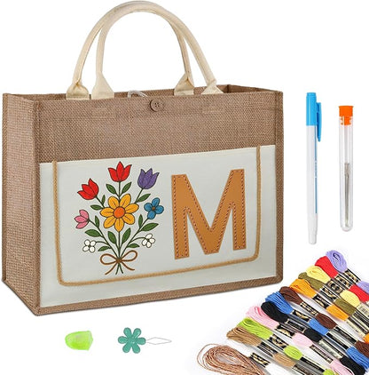 guofa DIY Jute Tote Bag with Embroidery Kit – Customizable Canvas Tote for Women, Personalized Handmade Bag for Birthday, Wedding, Beach, Everyday Use (M)