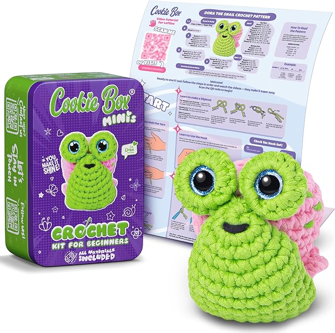 Cookie Box Crochet Kit for Beginners – Gift Set to Make Snail Dora Amigurumi Plushie – Easy DIY Crochet & Knitting Starter Kit with Printed Instructions & Step-by-Step Video Tutorial