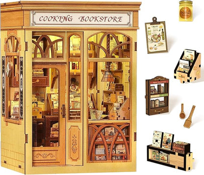 Fsolis Book Nook Kit - DIY Miniature Dollhouse Kit 3D Puzzles for Adult Beginners Tiny House Mini Booknook Craft Bookshelf Decor, 156 Wooden Pieces, Gifts for Women Teenagers (Cooking Bookstore)