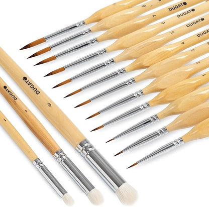 DUGATO Miniature Dry Paint Brush Set, 15pcs Model Brushes & Dry Brushes with Premium Bristle & Wood Handle, Fine Detailing for Acrylic Oil Gouache Watercolor, Citadel, Figurine, 40k (Natural)