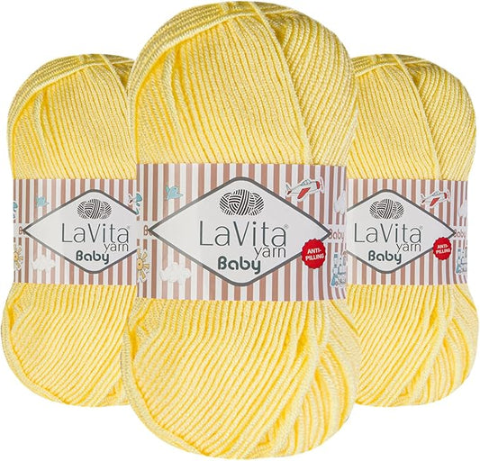 LaVita Baby Premium Anti-Pill Acrylic Yarn - 820 Yards, 3 x 3.5 oz - Warm, Airy Fiber with Silky Texture - Oeko-TEX Certified, Durable, Lightweight, Long-Lasting, Solid Pastel Colors - 3 Skeins Pack