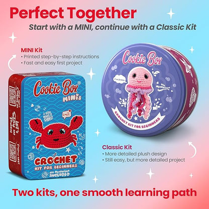 Cookie Box Crochet Kit for Beginners – Gift Set to Make Crab Eugene Amigurumi Plushie – Easy DIY Crochet & Knitting Starter Kit with Printed Instructions & Step-by-Step Video Tutorial