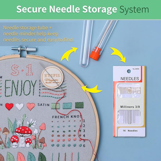 ETSPIL Embroidery Kit for Adult Beginners, 3-Pack 33-Stitch Practice Samplers, Pre-Stamped Patterns, 7.8-Inch Hoop, Threads & Needles, Step-by-Step Guide & Video, DIY Needlework Craft Gift for Women