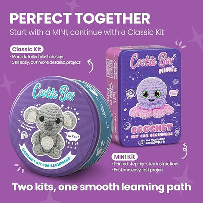 Cookie Box Crochet Kit for Beginners – Gift Set to Make Koala Coal Amigurumi Plushie – Easy DIY Crochet & Knitting Starter Kit with Video and PDF Tutorials