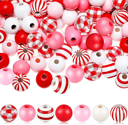 200 Pieces Wooden Beads Buffalo Plaid Red White Stripe 16 mm Colorful Wood Spacer Rustic Farmhouse Wooden Beads for DIY Crafts Garland Home Decor (Vivid Style)