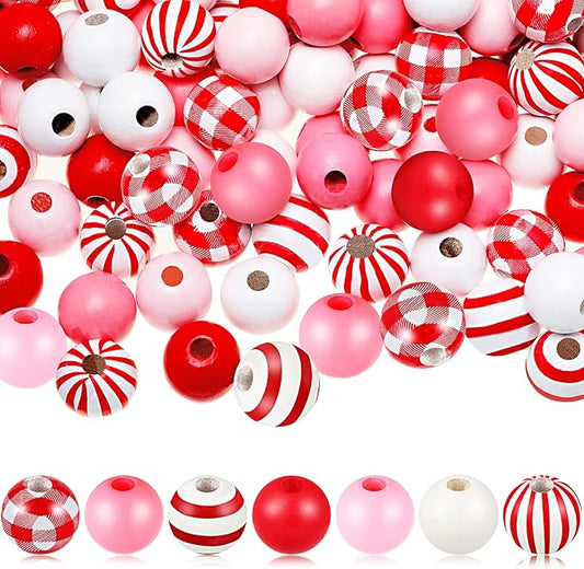 200 Pieces Wooden Beads Buffalo Plaid Red White Stripe 16 mm Colorful Wood Spacer Rustic Farmhouse Wooden Beads for DIY Crafts Garland Home Decor (Vivid Style)