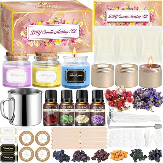Jcoos Candle Making Kit,DIY Candle Kit for Adults with Candle Wicks, Soy Wax for Candle Making, Candle Dye, Essential Oils, Candle Tins & Jars, Dried Flowers, Crafts for Adults, Gifts for Women