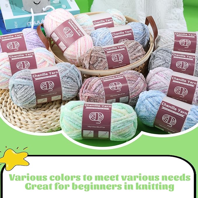LUNARM Chenille Yarn for Crocheting Knitting, 3 Skein 10.58 oz / 263 Yard Thick Soft Chunky Fluffy Weaving Plush Yarn for Blankets Clothes Pattern with Big Eye Needles(Blue Gradient)