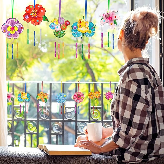 Colingmill 30 Pack Spring Flower Wind Chime Kit Make You Own Crafts Wind Chimes Outdoors Decorative DIY Coloring Wooden Crafts for Spring Gift Art Room Birthday Party Favors