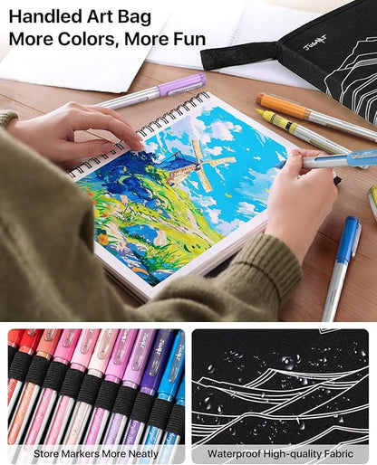 JusArt 48 Colors Acrylic Paint Markers with Canvas Bag, Water-Based No-Bleed Paint Pens with Automatic Ink Control, Waterproof Brush Tip Markers for DIY Art & Crafts -Fabric, Rock, Wood, Glass, Metal