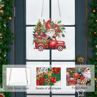5D DIY Christmas Diamond Art Pendant Kit, Gnome, Christmas Tree & Car Design, Diamond Painting Hanging Ornament for Adults, Crystal Window & Door Decor, Holiday Gift Wall Home Decoration (24.1x23.4cm)