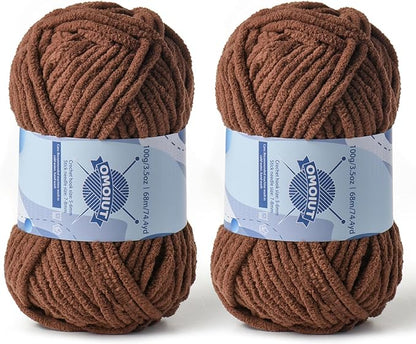 Chunky Chenille Yarn for Crocheting，Baby Yarn for Crocheting Soft Blankets，Bulky Yarns for Crochet Amigurumi，2×100g (2×74.3yds) Fluffy Velvet Yarns for Hand Knitting (2 Coffee)