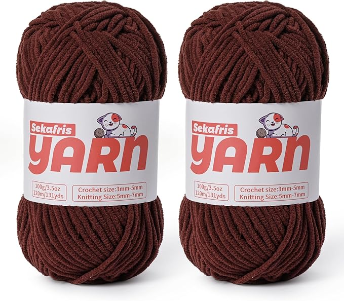2 Pack Plush Chunky Chenille Yarn for Crocheting, Soft Fluffy Velvet Yarn for Crocheting Amigurumi, Fuzzy Baby Blanket Knitting 200g/262yds Bulky(2 Dark Coffee)