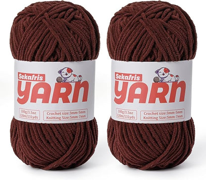 2 Pack Plush Chunky Chenille Yarn for Crocheting, Soft Fluffy Velvet Yarn for Crocheting Amigurumi, Fuzzy Baby Blanket Knitting 200g/262yds Bulky(2 Dark Coffee)