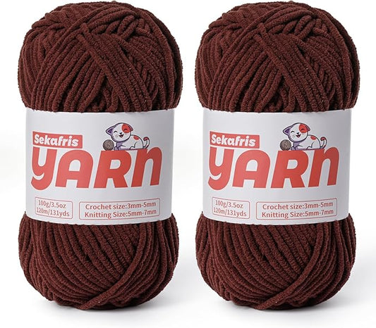 2 Pack Plush Chunky Chenille Yarn for Crocheting, Soft Fluffy Velvet Yarn for Crocheting Amigurumi, Fuzzy Baby Blanket Knitting 200g/262yds Bulky(2 Dark Coffee)