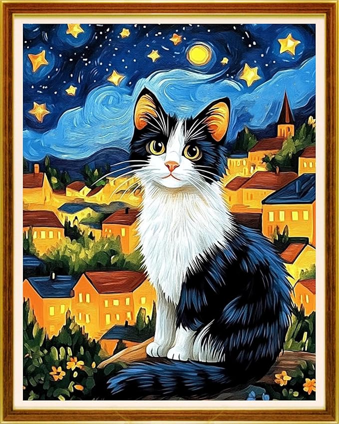 Joycasa Stamped Cross Stitch Kits for Beginners Full Range of Cross Stitching 11 CT Printed Cross Stitch Kit for Adults Cross-Stitch Patterns Needlepoint Kits-Starry Night Cat 16x20 inchs