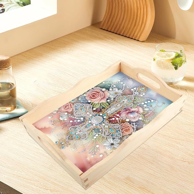 JISHSHAY Diamond Art Serving Tray Diamond Painting Food Tray Gem Art Serving Platter Gem Painting Mosaic Kits for Adults DIY Kits for Adults, with Wood Handle 20×30cm/7.87×11.81in, Cross Flower