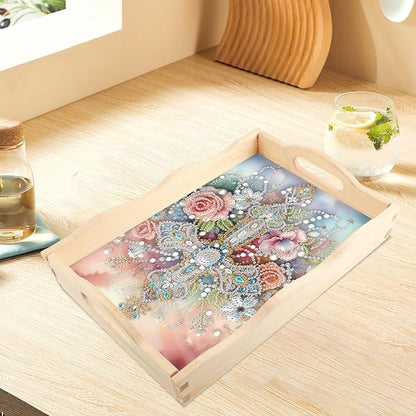 JISHSHAY Diamond Art Serving Tray Diamond Painting Food Tray Gem Art Serving Platter Gem Painting Mosaic Kits for Adults DIY Kits for Adults, with Wood Handle 20×30cm/7.87×11.81in, Cross Flower