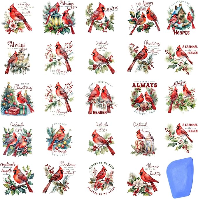 24 Sheets Vintage Christmas Rub On Transfers for Crafts, Rub On Transfers Christmas for Wood，Furniture Decals, Glass, Porcelain, Leather, Canvas, Fabric Projects,3 * 3inch(Cardinal Christmas)