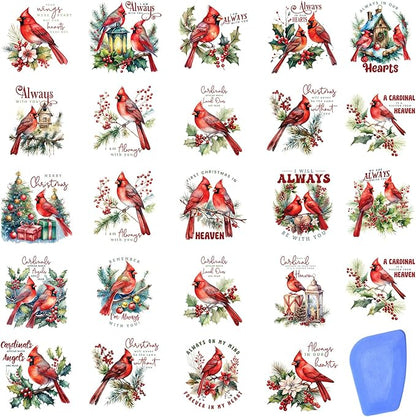 24 Sheets Vintage Christmas Rub On Transfers for Crafts, Rub On Transfers Christmas for Wood，Furniture Decals, Glass, Porcelain, Leather, Canvas, Fabric Projects,3 * 3inch(Cardinal Christmas)