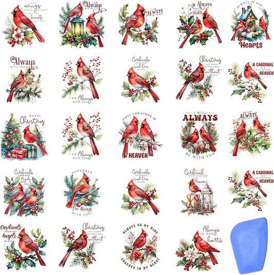 24 Sheets Vintage Christmas Rub On Transfers for Crafts, Rub On Transfers Christmas for Wood，Furniture Decals, Glass, Porcelain, Leather, Canvas, Fabric Projects,3 * 3inch(Cardinal Christmas)