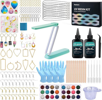 Resiners Resin Kit, Jewelry Making Kit, 190Pcs Highly Clear Resin with UV Light, Resin Accessories for Jewelry Making Keychains, Earring, Necklace DIY Crafts