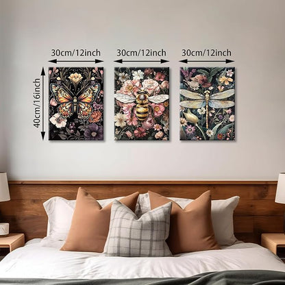 WENGTIAO 3Pcs Vintage Insect Canvas Wall Art Gothic Dark Flower Prints Bee Butterfly Dragonfly Pictures Nature Plant Paintings Artwork for Living Room Bathroom Bedroom 12x16x3