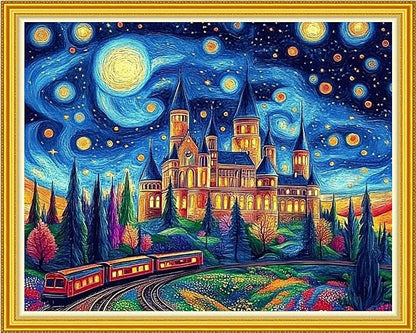 Fanxvivy Stamped Cross Stitch Kits for Beginners Full Range of Cross Stitching Preprinted Embroidery Kits for Adults, 11CT Embroidery Pattern Needlepoint Kits-Van Gogh Castle Train 16x20 inch