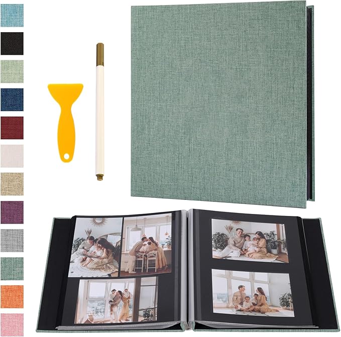 Photo Album Self Adhesive Pages Black Sticky Pages Large Scrapbook Linen Cover for 4x6 5x7 8x10 Pictures Album de Fotos Wedding Couples Baby Family Memory Book, 11x10.6 Green 60 Pages